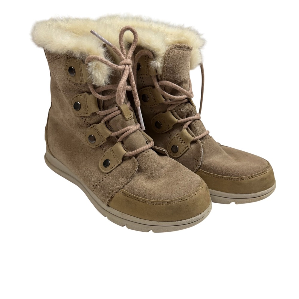 Sorel Explorer Joan Waterproof Suede Faux Fur Boots Tan Camel Womens 7.5